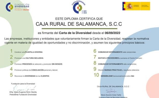 Caja Rural de Salamanca firma la Carta de la Diversidad de Europa de igualdad de oportunidades